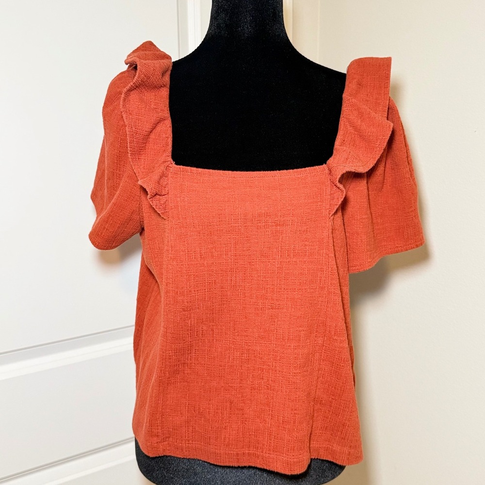 Madewell Ruffle Square Neck Top Burnt Orange Rust Textured Blouse Large